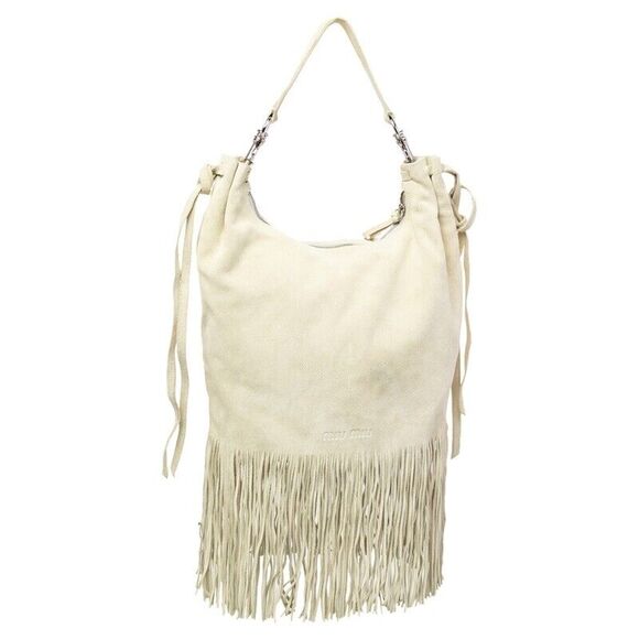 Miu Light Beige Suede Fringe Hobo #129618M28B - Picture 4 of 10
